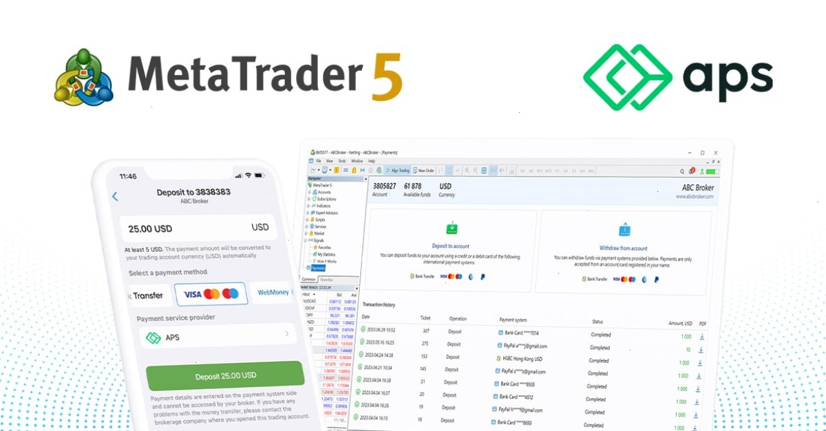 支付服务提供商APS加入MetaTrader 5的内置支付系统